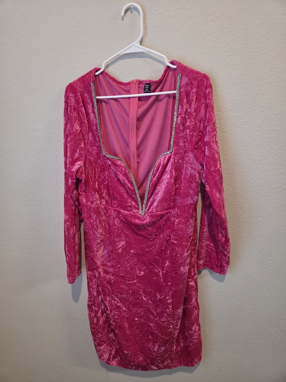 SHEIN Hot Pink Crushed Velvet Long-Sleeve V-Neck Dress with Rhinestone Trim